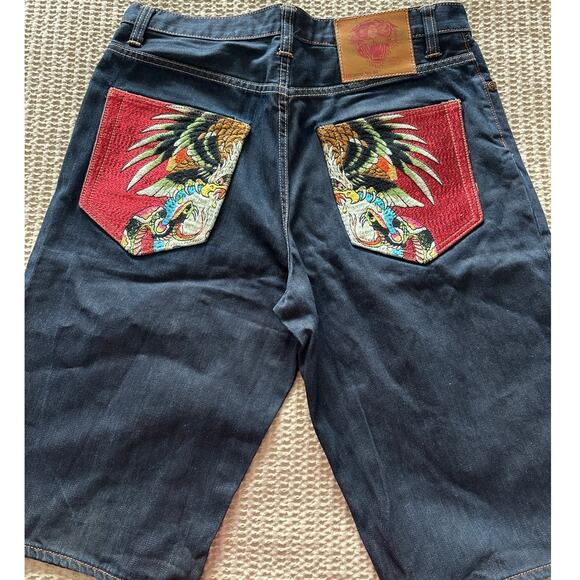VTG 2010s Ed Hardy Embroidered Dark Denim Shorts - Picture 1 of 7